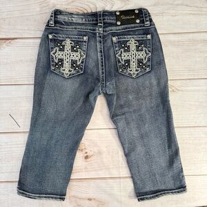 Rhinestone Bling Western Capri Blue Denim Mid Rise Jeans by ViVi Diva Size 6/28